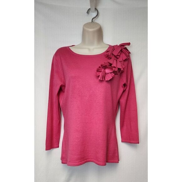 SAKS FIFTH AVENUE 3/4 Sleeve Cashmere Hot Pink Silk Comfy Sweater Size Medium - Picture 4 of 10